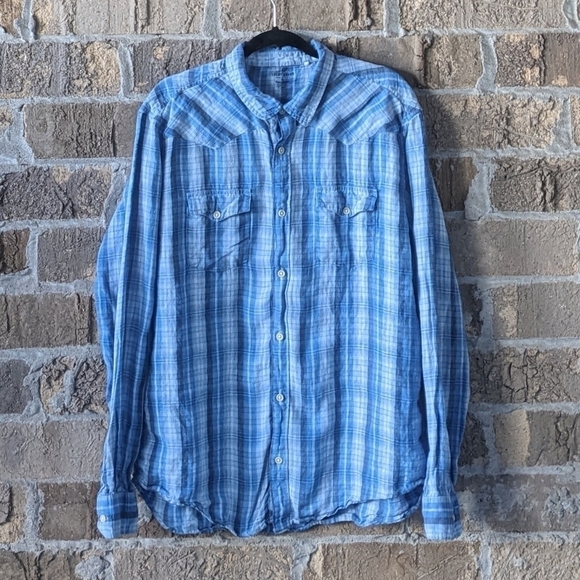 Lucky Brand Baird McNutt Linen Long Sleeve Western Shirt Blue Plaid Size XL - Picture 1 of 7